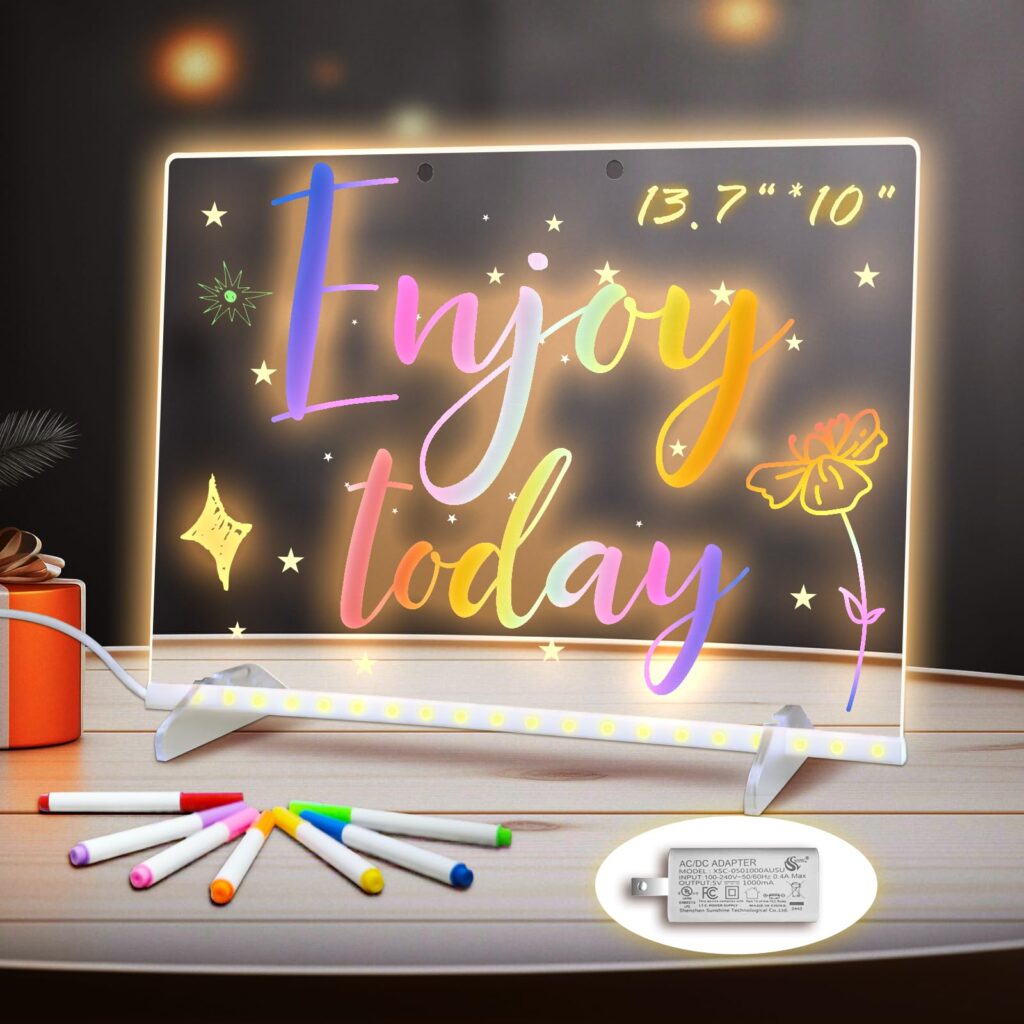 LED Note Board with Colors, 13.7"X10" 4 Modes &7 Colors Acrylic Dry Erase Boards with Light, Include Adapter, Hanging Chain, Led Drawing Board for Kids with Stand,7 Markers, Spray Bottle