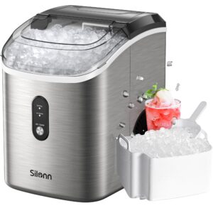 Nugget Ice Maker Countertop, Silonn Chewable Pellet Ice Machine with Self Cleaning Function, Pebble Portable Ice Maker with Ice Scoop for Home Kitchen Office, Stainless Steel