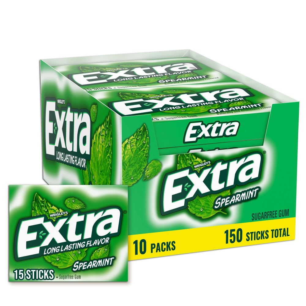 Extra Gum Spearmint Sugarfree Gum Bulk, Individually Wrapped, Perfect for Fresh Breath at School, Work, and Travel 15 Count, Pack of 10